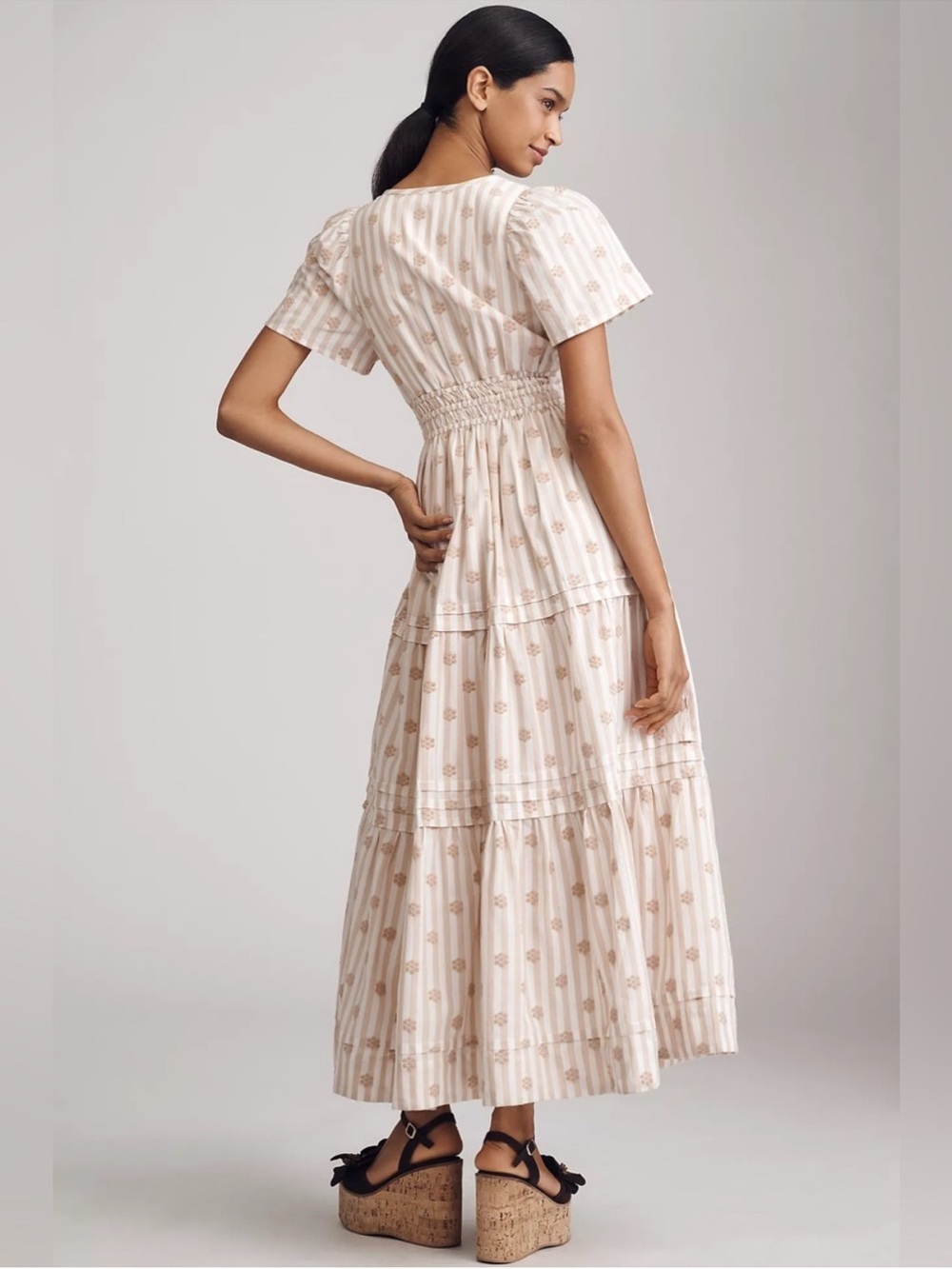 Somerset Maxi Dress Cream Textured Anthropologie Pockets Smocking Tiered Skirt L - Picture 4 of 16